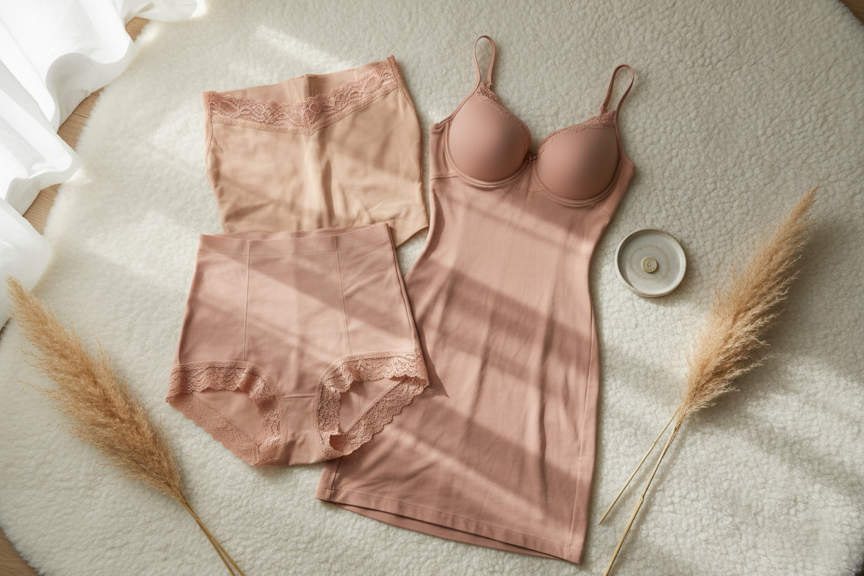 Elegant shapewear flatlay in warm blush and beige tones