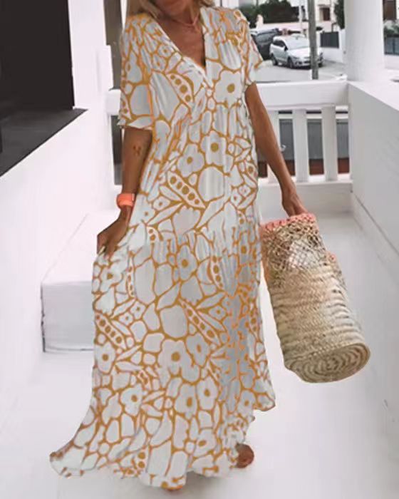 Summer Women's Short Sleeve Deep V-Neck Long Dress
