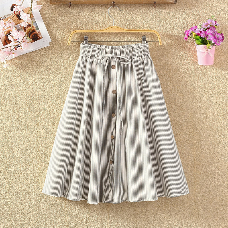 Chic Striped Cotton-Linen Midi Skirt