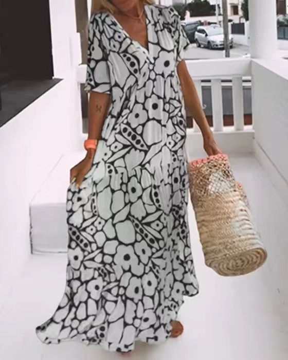 Summer Women's Short Sleeve Deep V-Neck Long Dress