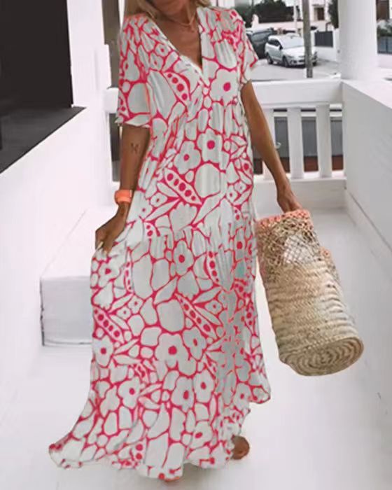 Summer Women's Short Sleeve Deep V-Neck Long Dress