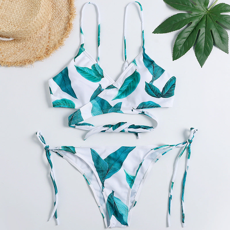Leaf Print Cross Swimsuit