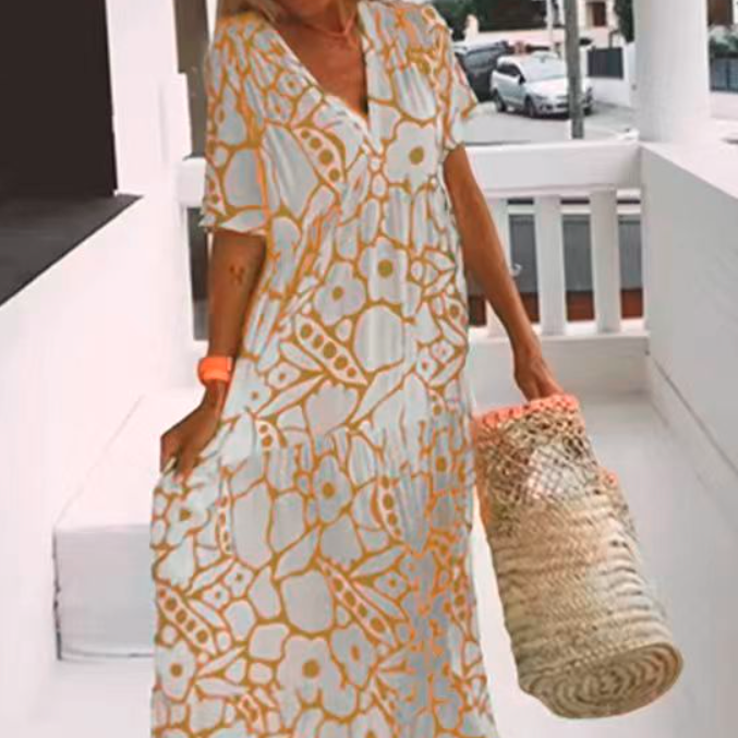 Summer Women's Short Sleeve Deep V-Neck Long Dress