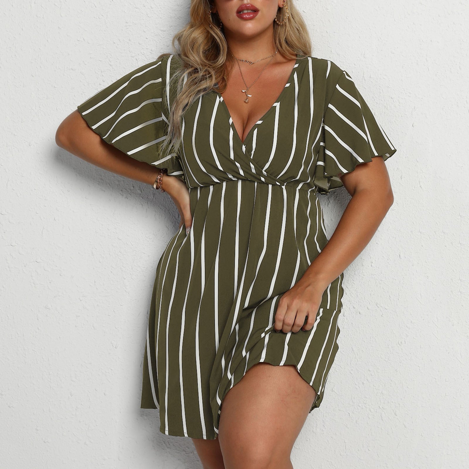 Striped V Neck Short Sleeve