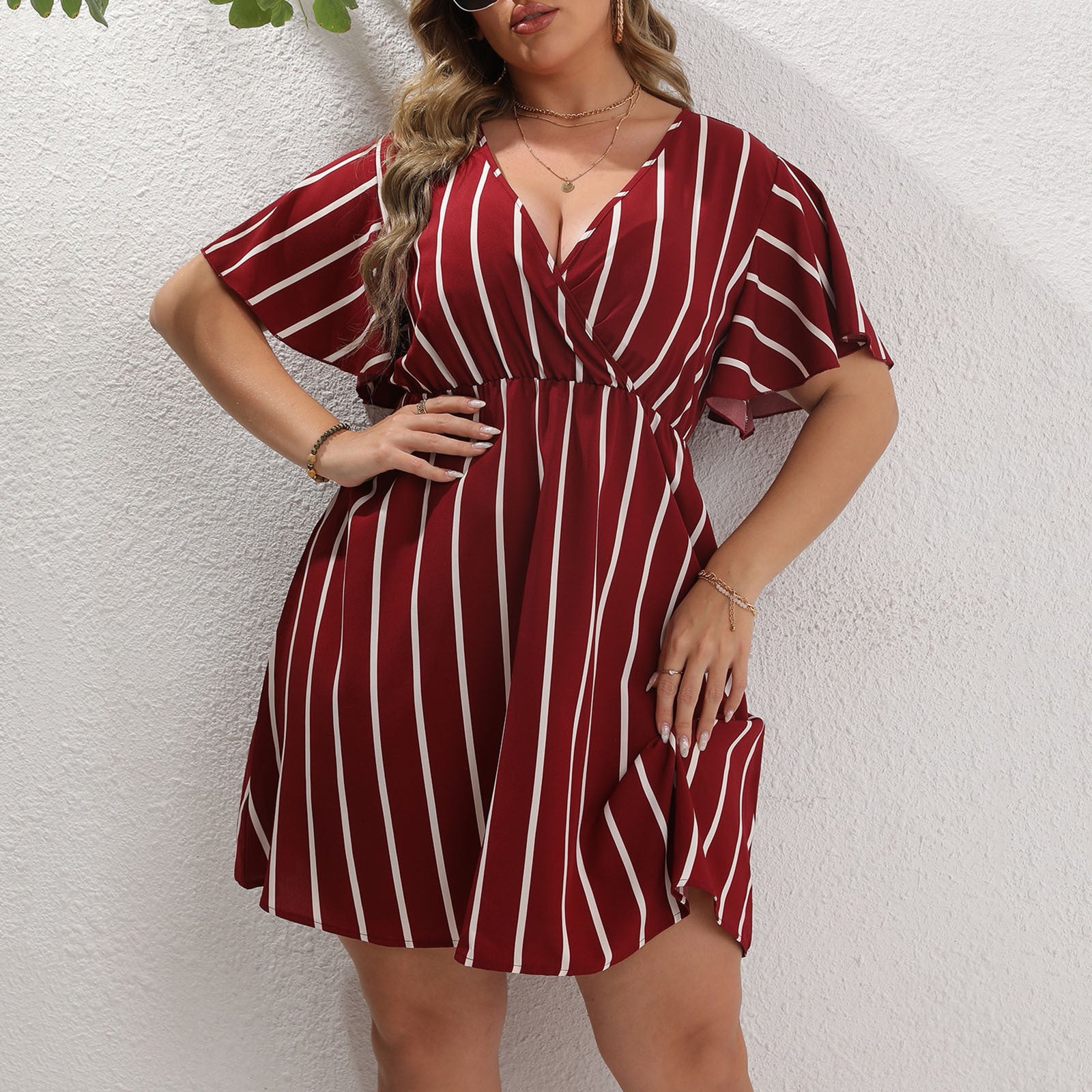 Striped V Neck Short Sleeve