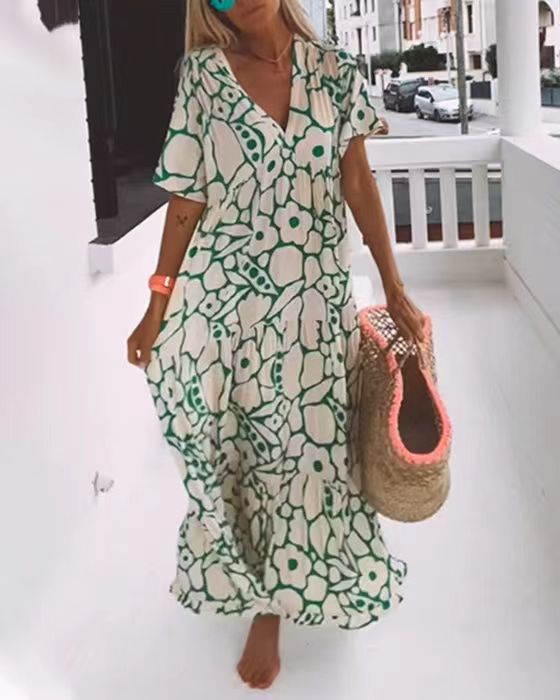 Summer Women's Short Sleeve Deep V-Neck Long Dress